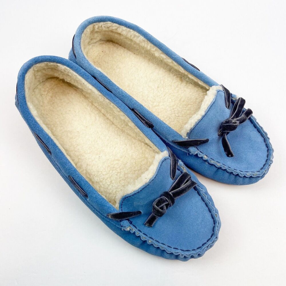 L.L. Bean Blue Suede Shearling-Lined Moccasin Slippers